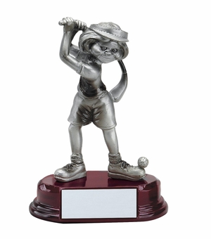 5-1/2 INCH COMIC FEMALE GOLF HIT AND SWING RESIN ANTIQUE PEWTER FINISH
