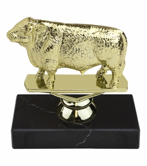 5-1/2 INCH HEREFORD BULL ANIMAL GOLD TROPHY ON BLACK MARBLE BASE