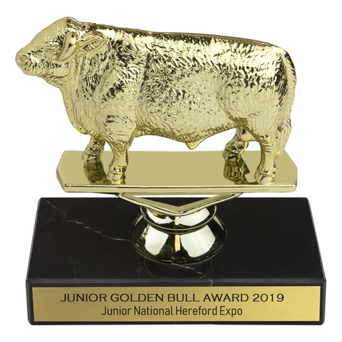 5-1/2 INCH HEREFORD BULL ANIMAL GOLD TROPHY ON BLACK MARBLE BASE