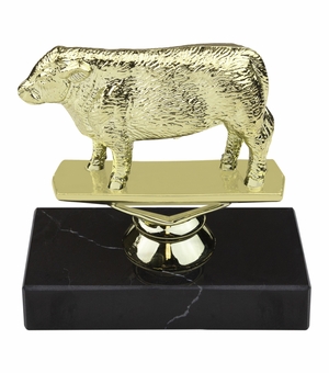 5-1/2 INCH HEREFORD STEER ANIMAL GOLD TROPHY ON BLACK MARBLE BASE