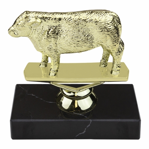 5-1/2 INCH HEREFORD STEER ANIMAL GOLD TROPHY ON BLACK MARBLE BASE