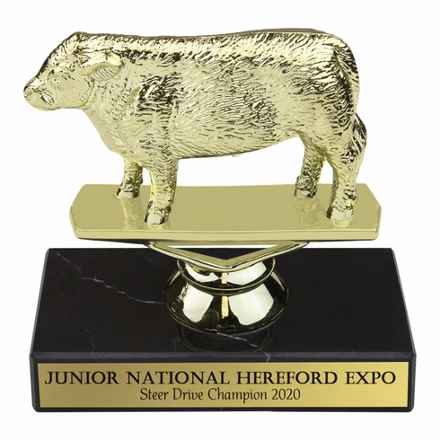 5-1/2 INCH HEREFORD STEER ANIMAL GOLD TROPHY ON BLACK MARBLE BASE