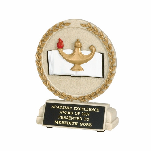 5-1/2 INCH LAMP OF LEARNING CAST STONE TROPHY