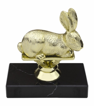5-1/2 INCH RABBIT ANIMAL GOLD TROPHY ON BLACK MARBLE BASE