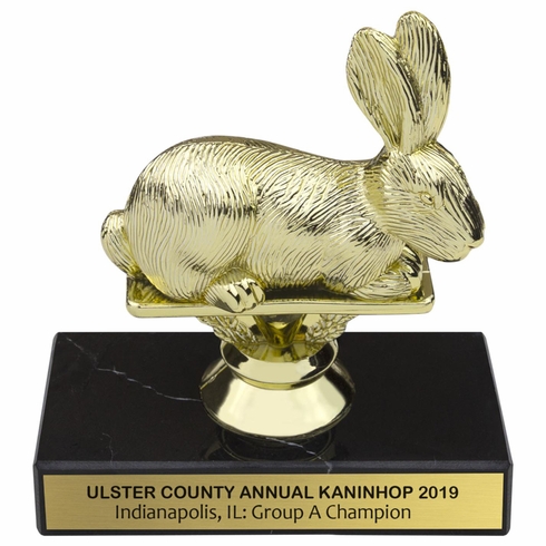 5-1/2 INCH RABBIT ANIMAL GOLD TROPHY ON BLACK MARBLE BASE