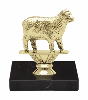 5-1/2 INCH SHEEP ANIMAL GOLD TROPHY ON BLACK MARBLE BASE