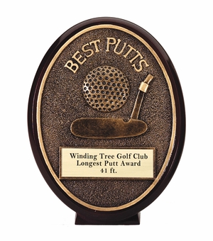 5-1/2" OVAL BEST PUTT GOLF AWARD ANTIQUE GOLD RESIN FINISH WITH GOLD ENGRAVING PLATE