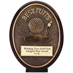 5-1/2" OVAL BEST PUTT GOLF AWARD ANTIQUE GOLD RESIN FINISH WITH GOLD ENGRAVING PLATE