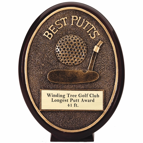 5-1/2" OVAL BEST PUTT GOLF AWARD ANTIQUE GOLD RESIN FINISH WITH GOLD ENGRAVING PLATE