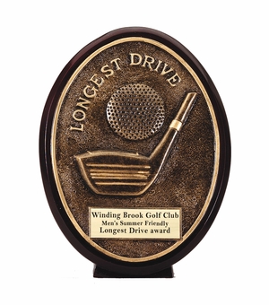 5-1/2" OVAL GOLF BALL AND CLUB LONGEST DRIVE AWARD ANTIQUE GOLD