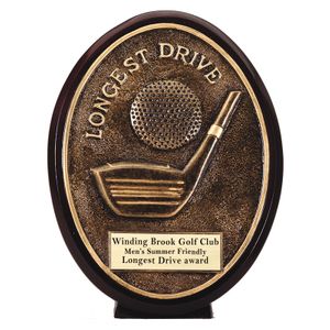 5-1/2" OVAL GOLF BALL AND CLUB LONGEST DRIVE AWARD ANTIQUE GOLD