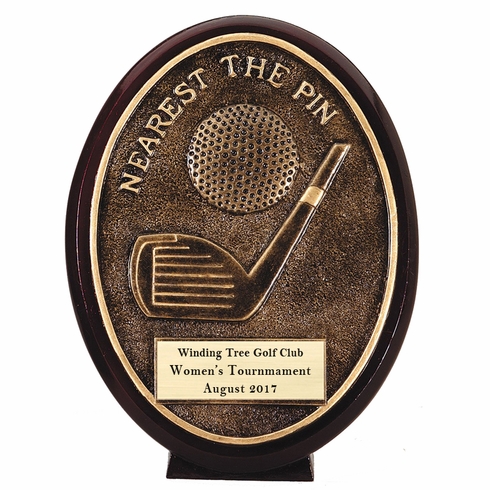 5-1/2" OVAL GOLF NEAREST TO PIN AWARD ANTIQUE RESIN GOLD