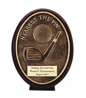 5-1/2" OVAL GOLF NEAREST TO PIN AWARD ANTIQUE RESIN GOLD