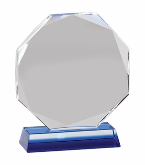 5-1/2 x 4-3/4 INCH OCTAGON OPTICAL CRYSTAL AWARD ON A BLUE CRYSTAL BASE