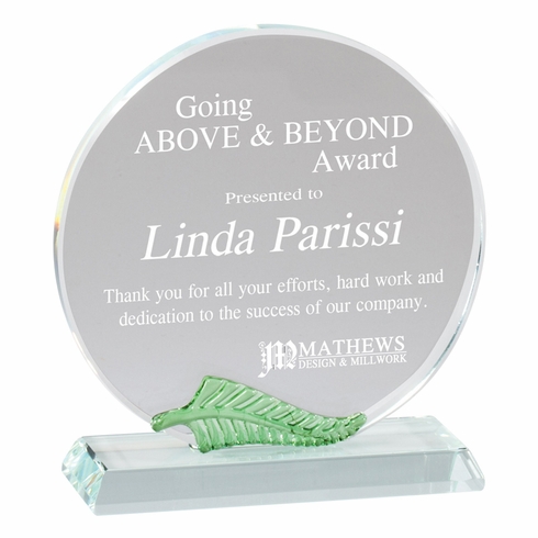 5-1/2 X 5 INCH ROUND OPTICAL CRYSTAL AWARD WITH GREEN LEAF