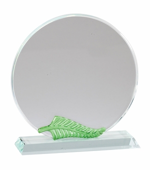 5-1/2 X 5 INCH ROUND OPTICAL CRYSTAL AWARD WITH GREEN LEAF