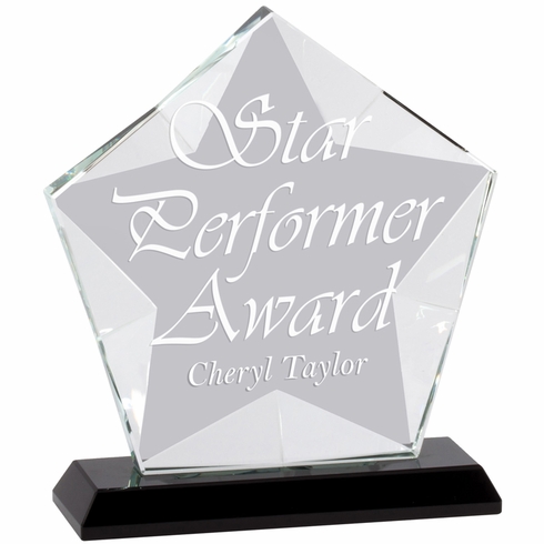 5-1/2 x 6 INCHES OPTICAL CRYSTAL FROSTED STAR AWARD WITH BLACK CRYSTAL BASE