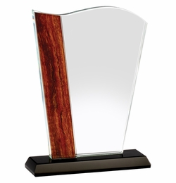 5-1/2 x 7-1/4 INCH OPTICAL CRYSTAL WAVE AWARD WITH BEVELED EDGES AND WOOD GRAIN ACCENT ON BLACK BASE