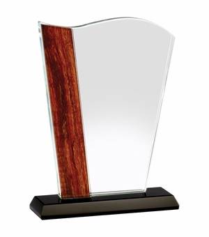 5-1/2 x 7-1/4 INCH OPTICAL CRYSTAL WAVE AWARD WITH BEVELED EDGES AND WOOD GRAIN ACCENT ON BLACK BASE