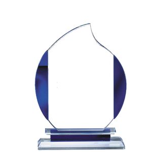 5-1/2" x 8" GLASS FLAME AWARD WITH BLUE ACCENTS ON DOUBLE BASE