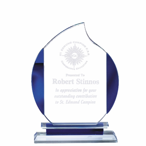 5-1/2" x 8" GLASS FLAME AWARD WITH BLUE ACCENTS ON DOUBLE BASE