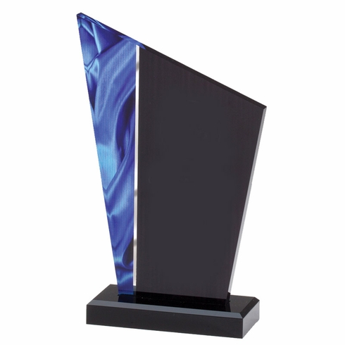 5-1/2 x 9-3/4 INCH ACRYLIC DECO PEAK AWARD WITH BLUE SWIRL REFLECTIVE BASE