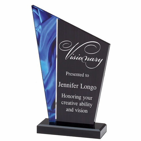 5-1/2 x 9-3/4 INCH ACRYLIC DECO PEAK AWARD WITH BLUE SWIRL REFLECTIVE BASE