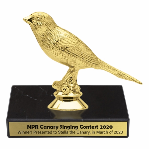 5-1/4 INCH CANARY ANIMAL GOLD TROPHY ON BLACK MARBLE BASE