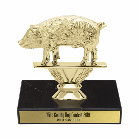 5-1/4 INCH HOG ANIMAL GOLD TROPHY ON BLACK MARBLE BASE