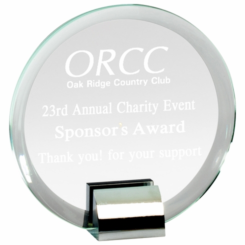 5-1/4 INCH OPTICAL CRYSTAL CIRCLE AWARD ON POLISHED SILVER METAL BASE