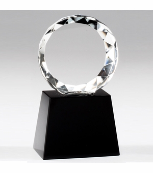 5-1/4 INCH ROUND FACETED BEVEL CUT CRYSTAL MOUNTED ON BLACK CRYSTAL BASE