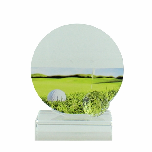 5-1/4 X 4-3/4 INCH GLASS GOLF TROPHY WITH BALL AND COLOR PRINTED GOLF IMAGE