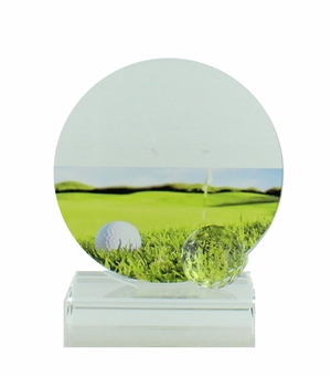5-1/4 X 4-3/4 INCH GLASS GOLF TROPHY WITH BALL AND COLOR PRINTED GOLF IMAGE