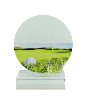 5-1/4 X 4-3/4 INCH GLASS GOLF TROPHY WITH BALL AND COLOR PRINTED GOLF IMAGE