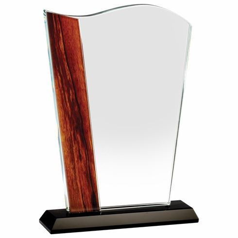 5-1/4 x 8-1/4 INCH OPTICAL CRYSTAL WAVE AWARD WITH BEVELED EDGES AND WOOD GRAIN ACCENT ON BLACK BASE