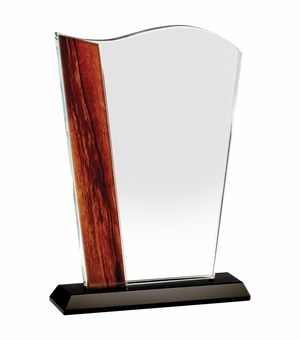 5-1/4 x 8-1/4 INCH OPTICAL CRYSTAL WAVE AWARD WITH BEVELED EDGES AND WOOD GRAIN ACCENT ON BLACK BASE