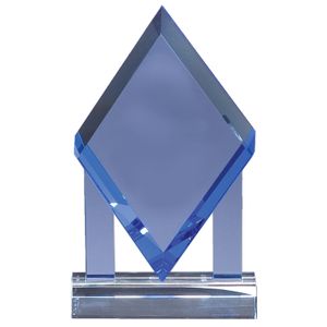 5-3/4 X 5-1/4 INCH DIAMOND SHAPE BLUE OPTICAL CRYSTAL AWARD