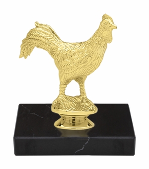 5-3/4 INCH ROOSTER ANIMAL GOLD TROPHY ON BLACK MARBLE BASE