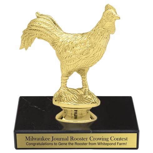5-3/4 INCH ROOSTER ANIMAL GOLD TROPHY ON BLACK MARBLE BASE