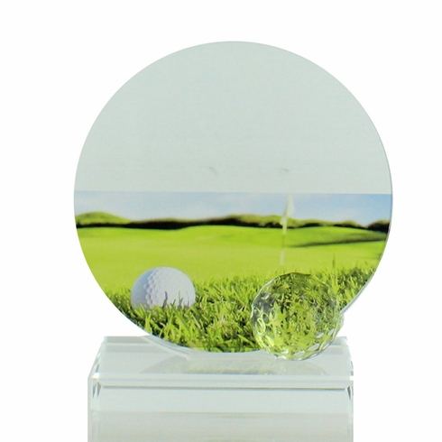 5-3/4 X 5-1/2 INCH GLASS GOLF TROPHY WITH BALL AND COLOR PRINTED GOLF IMAGE