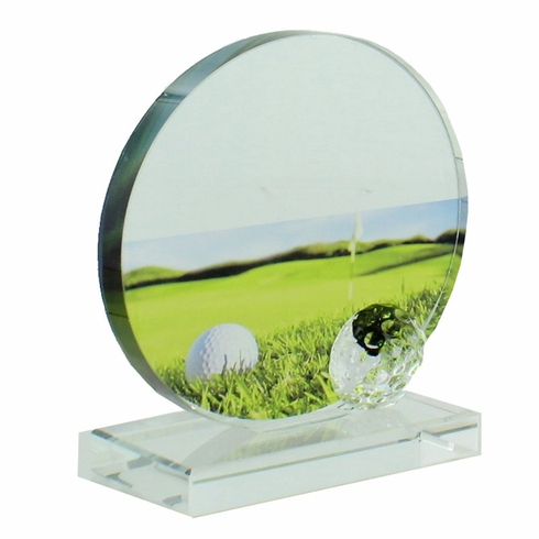 5-3/4 X 5-1/2 INCH GLASS GOLF TROPHY WITH BALL AND COLOR PRINTED GOLF IMAGE