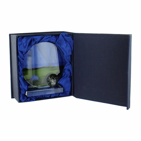 5-3/4 X 5-1/2 INCH GLASS GOLF TROPHY WITH BALL AND COLOR PRINTED GOLF IMAGE