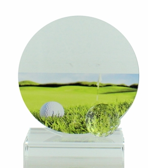 5-3/4 X 5-1/2 INCH GLASS GOLF TROPHY WITH BALL AND COLOR PRINTED GOLF IMAGE