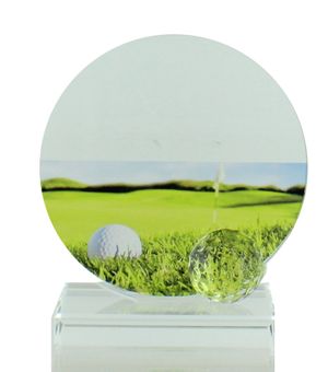 5-3/4 X 5-1/2 INCH GLASS GOLF TROPHY WITH BALL AND COLOR PRINTED GOLF IMAGE