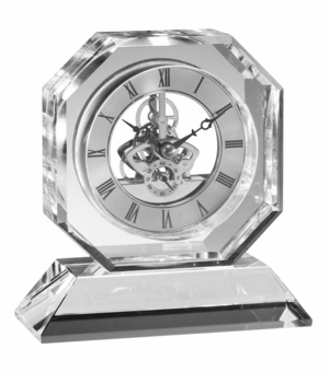 5-3/4 X 5-1/2 INCH SKELETON OCTAGON OPTICAL CRYSTAL CLOCK