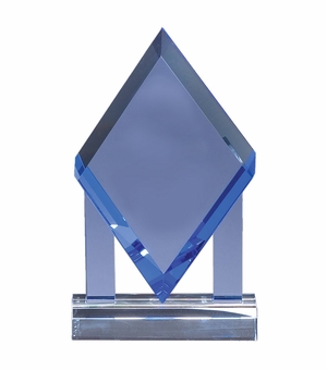5-3/4 X 5-1/4 INCH DIAMOND SHAPE BLUE OPTICAL CRYSTAL AWARD