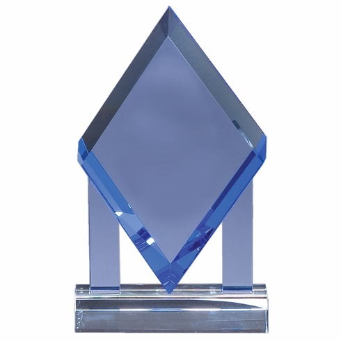 5-3/4 X 5-1/4 INCH DIAMOND SHAPE BLUE OPTICAL CRYSTAL AWARD
