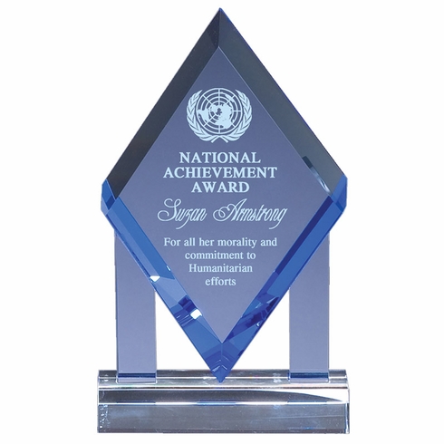 5-3/4 X 5-1/4 INCH DIAMOND SHAPE BLUE OPTICAL CRYSTAL AWARD
