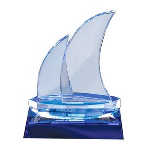 7-1/2 X 5-3/4 INCH BLUE OPTICAL SAILBOAT CRYSTAL SHAPE WITH BLUE TRIM