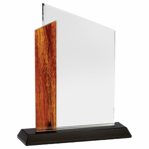 5-3/4 x 7-1/4 INCH OPTICAL CRYSTAL AWARD WITH BEVELED EDGES AND WOOD GRAIN ACCENT ON BLACK BASE